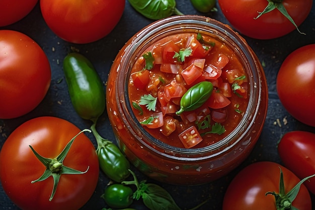 Jar of Homemade Salsa with Fresh Tomatoes