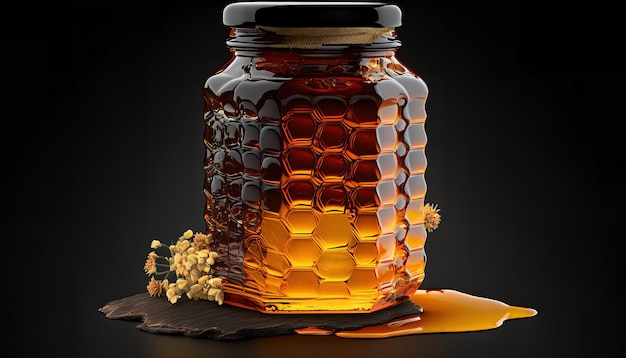 Photo a jar of honey on black background