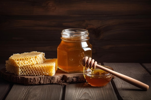 Foto barattolo di miele tavola ciotola cucchiaio genera ai