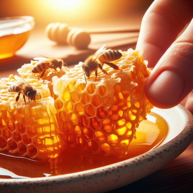 Photo jar of honey dipper honey background