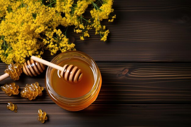 Photo jar of honey and flowers