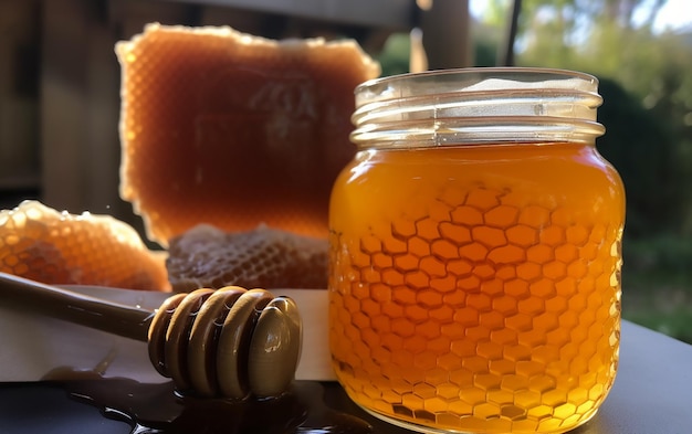 A jar of honey next to a honey jar