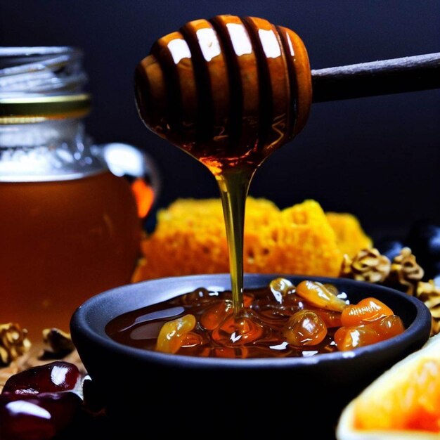 A jar of honey is filled with honey and a jar of honey is in the background.