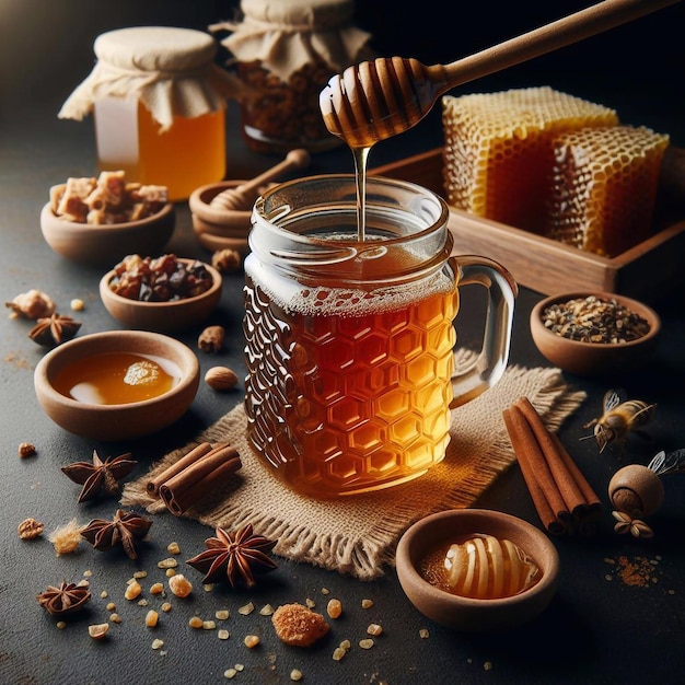 a jar of honey is full of honey and cinnamon sticks