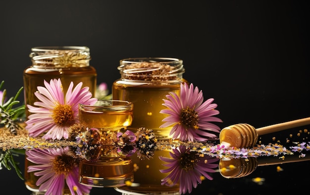 Foto un barattolo di miele è circondato da fiori e da un cucchiaio di legno