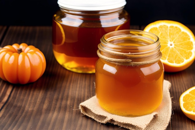 A jar of honey next to a jar of oranges.