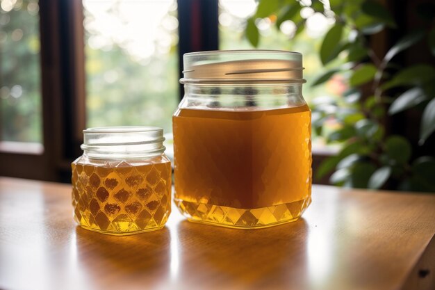 A jar of honey sits next to a jar of honey.