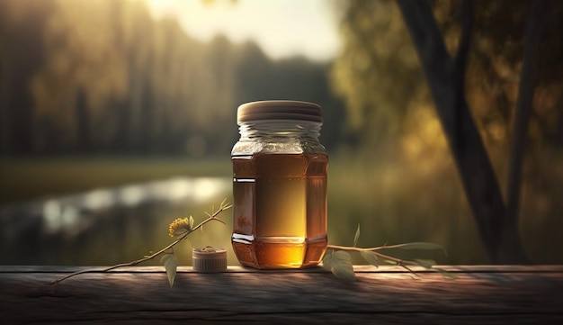 A jar of honey sits on a railing with a branch of leaves on the background.