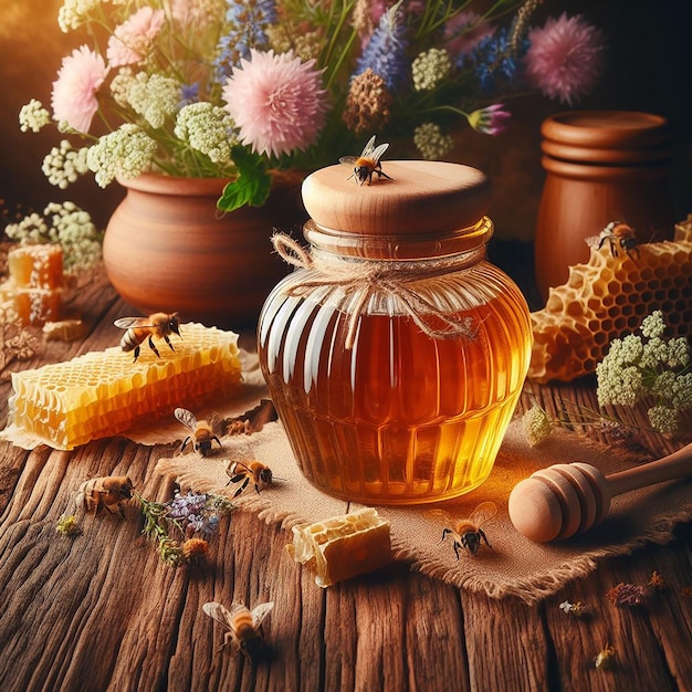 蜂蜜の瓶が花とビートの瓶でテーブルの上に座っている