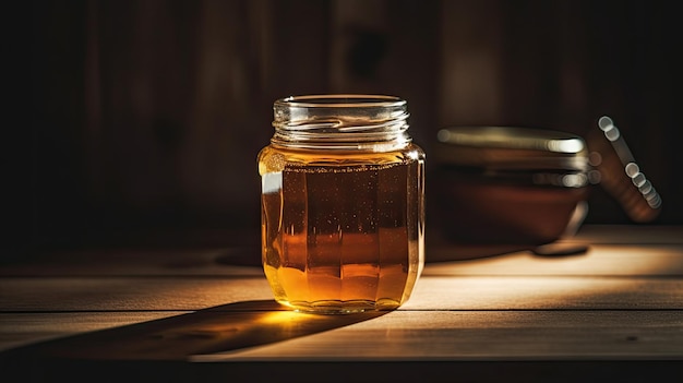 A jar of honey sits on a table.