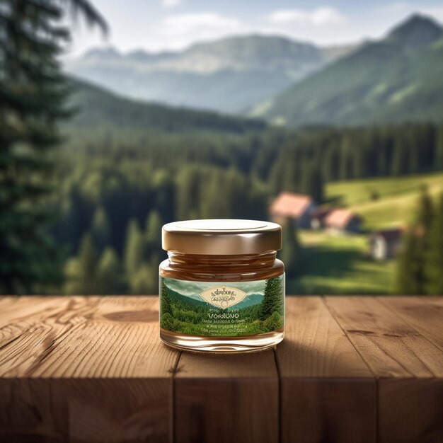 a jar of honey sits on a wooden table