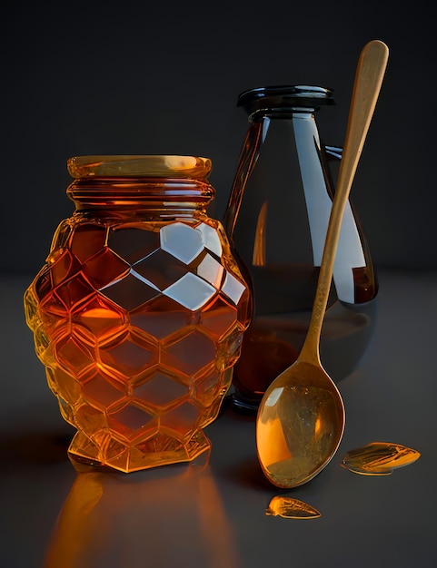 A jar of honey unusual bottle and a wooden spoon Some spilled honey on the table Close up Generative AI