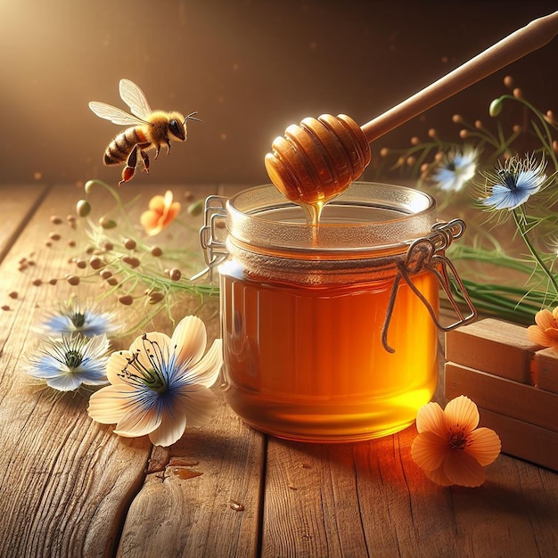 a jar of honey with flowers and a brush on the table