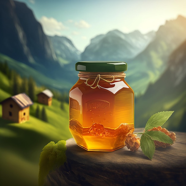 A jar of honey with a green cap and a mountain in the background.