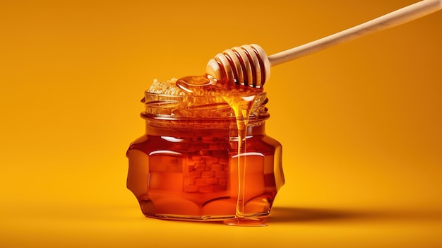 A jar of honey with a honey dipper in it