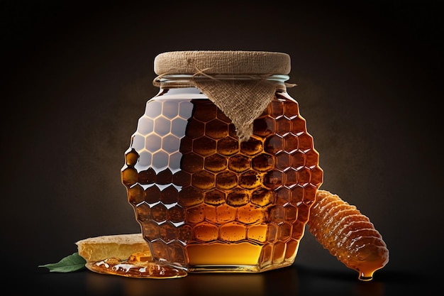 A jar of honey with a honey stick on it