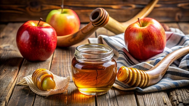 Photo a jar of honey with the honey on the table and the honey is sitting on a wooden surface