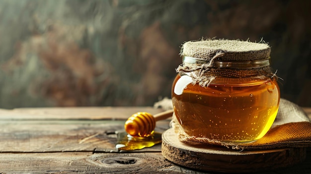 a jar of honey with a jar of honey on the table
