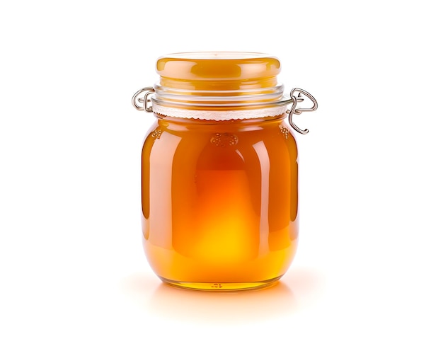 A jar of honey with the lid open and the word honey on it