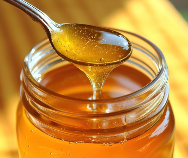 Jar of honey with a spoon stuck in