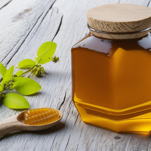 A jar of honey next to a wooden spoon with a wooden lid.