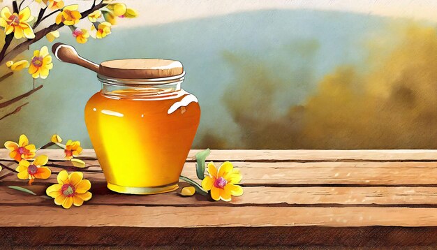 jar of honey on the wooden table and copy space