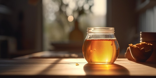 太陽光の下でキッチン バック グラウンドで木製のテーブルの上の蜂蜜の瓶
