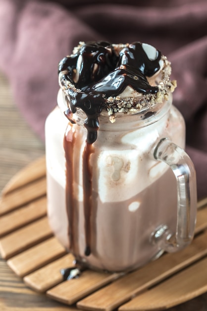 A jar of hot chocolate with marshmallows