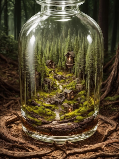A jar of houses in a forest with a forest in the background.