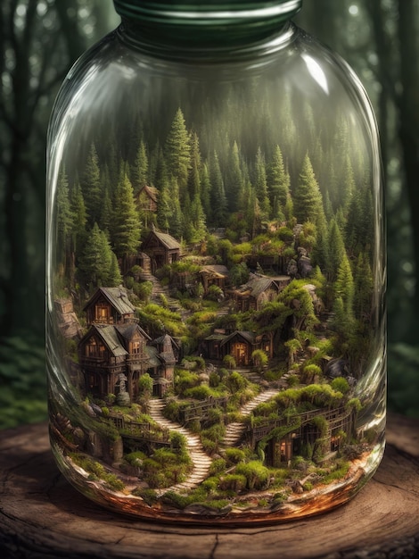 A jar of houses with a forest in the background.