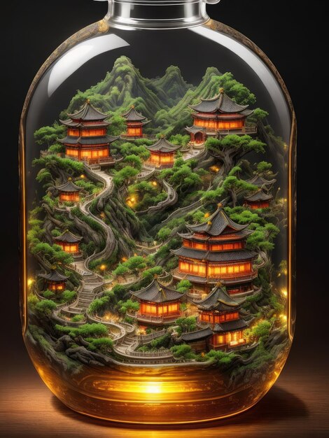 A jar of houses with a mountain in the background