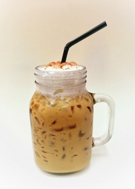 Jar of iced coffee or cappuccino coffee.