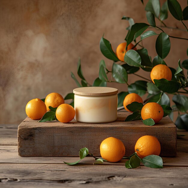 A jar is on top of some oranges and green leaves