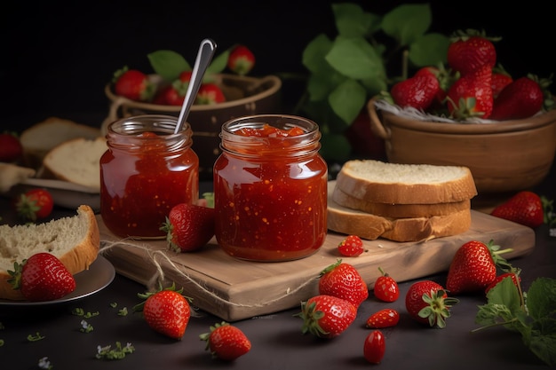 A jar of jam and bread on a cutting board