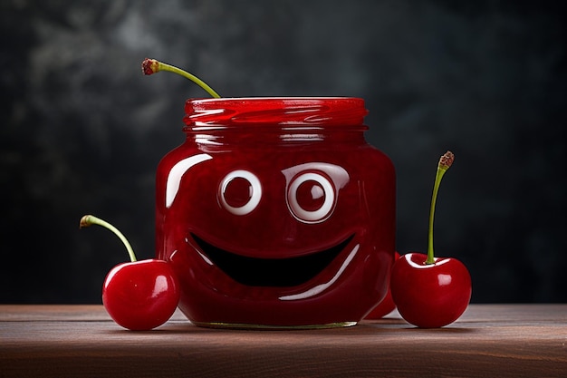 Photo a jar of jam has a smiling face and cherry in the style of realistic representation