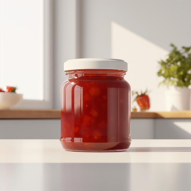 a jar of jam sitting on a counter in a kitchen