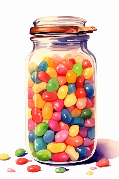 A jar of jelly beans is filled with colorful candy.