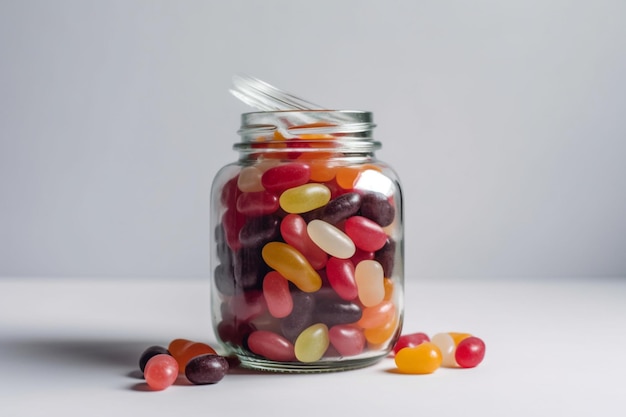 A jar of jelly beans with the word jelly on it