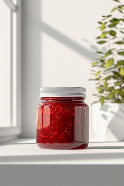 a jar of jelly sitting on a window sill