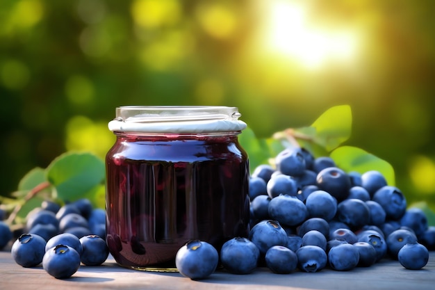 A jar of juicy blueberry jam with a peaceful blueberry