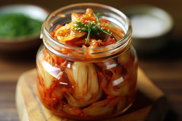 A jar of kimchi with a few herbs on the side.