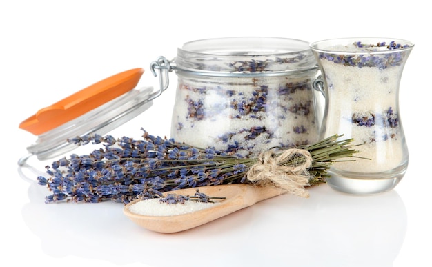 Jar of lavender sugar and fresh lavender flowers isolated on white