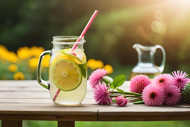 A jar of lemonade with flowers and a straw in the background