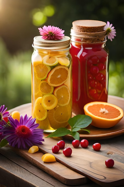 A jar of lemons, a grapefruit, and a grapefruit on a wooden table.