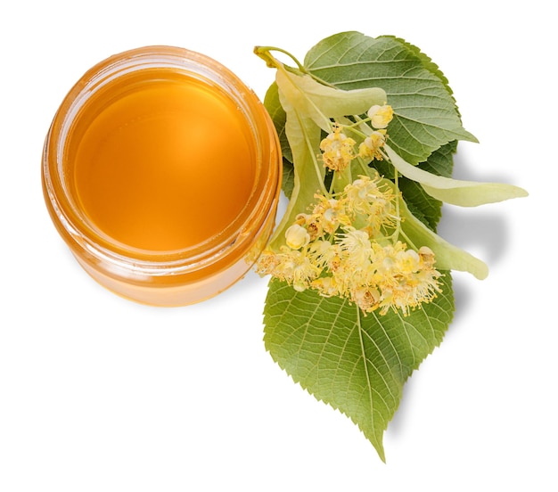 Jar of linden honey and lime flowers around a jar isolated on white background. Top view.