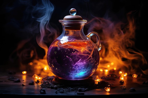 Jar of magical healing mana potion in a glass jar on a dark background