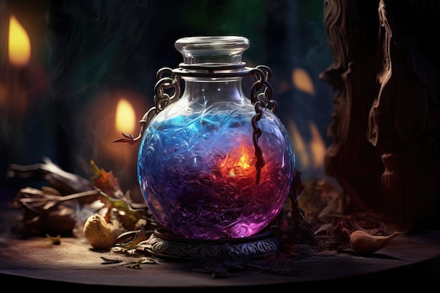 Jar of magical healing mana potion in a glass jar on a dark background