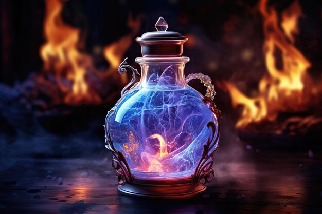 Jar of magical healing mana potion in a glass jar on a dark background