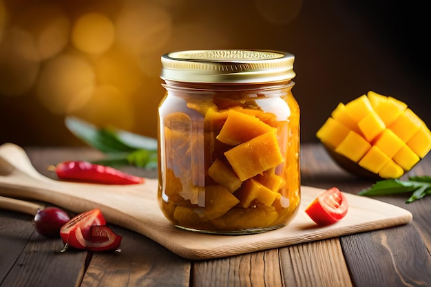 A jar of mango jam sits on a wooden table.