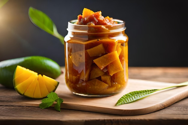 A jar of mango salsa sits on a wooden cutting board next to a half of a mango.